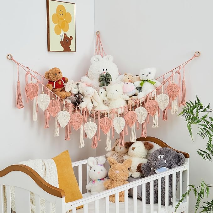Pretty Jolly Stuffed Animal Storage with Hand Woven Leaf Tassels Hammock Corner Hanging Net Boho Macrame Storage for Kid Room Nursery Decor Corner Wall Display Organizer for Girls Gift(Leather Pink)