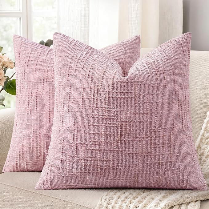 decorUhome Textured Chenille Throw Pillow Covers 18x18 Set of 2 Blush Pink | Fall Modern Farmhouse Soft Cozy Slubby Couch Pillow Cases Boho Decorative Pillow Cases for Bed Sofa Living Room Home Decor