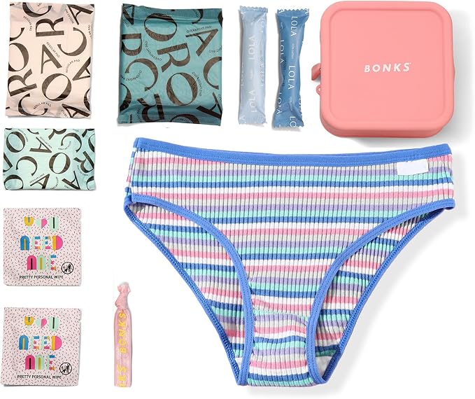 BONKS GoGo Kit - First Period Kit Ages 10-14 (S - M) - Tween Period Starter Kit - Emergency Kit for Girls - Essential Hygiene Kit - Includes Pads, Tampons, Underwear & More