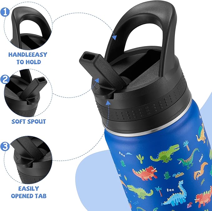 Kids Water Bottle,14oz Stainless Steel Insulated Water Tumbler Leak-Proof,School Water Mug,Small and Portable,Suitable for Boys and Girls to Use(Blue cartoon dinosaur)