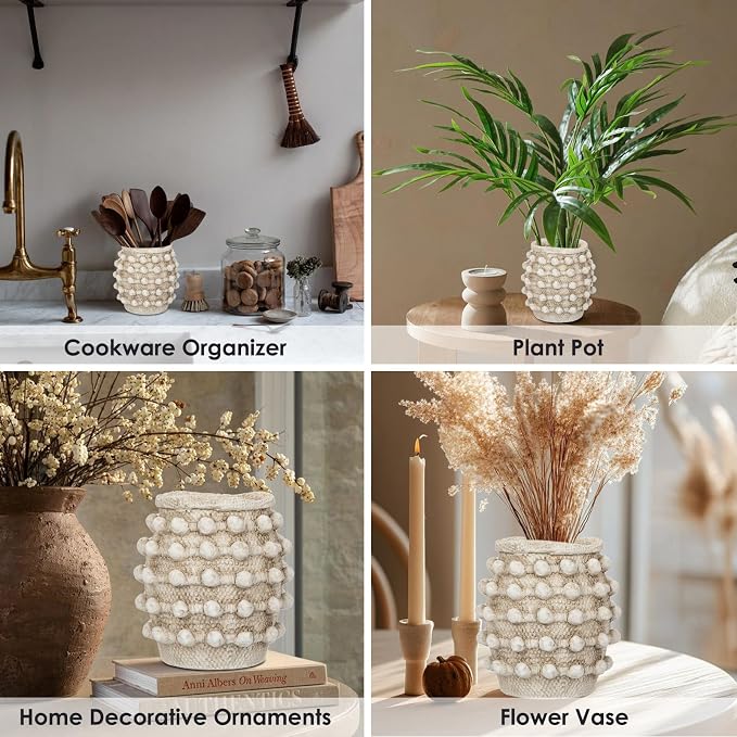 Rustic Farmhouse Vase, Boho Beige Vase for Pampas Grass Small Textured Knotted Vases for Flowers Decorative Cement Floral Vases for Home Decor, Living Room, Dining Table