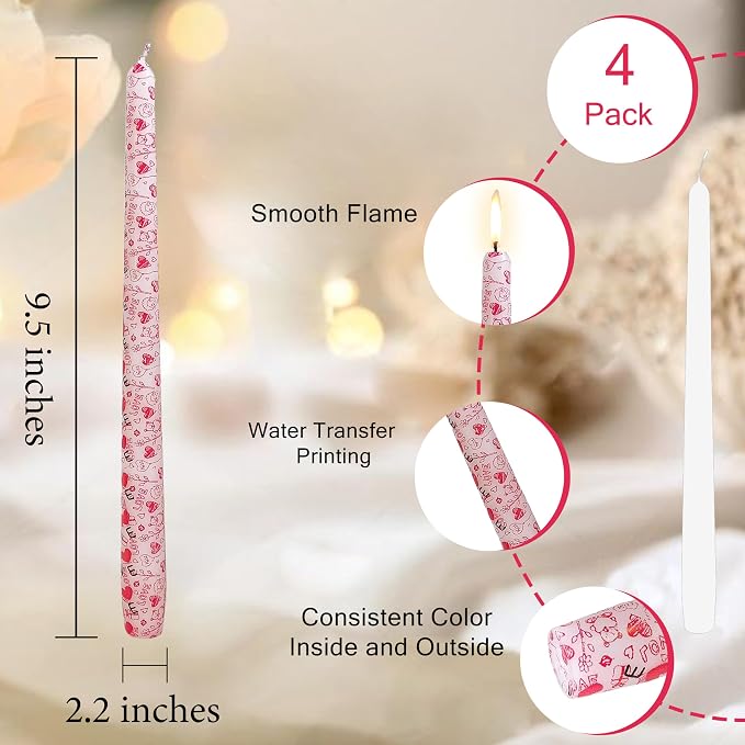 10 Inch Printed Candle Love Pattern Smokeless Unscented Candle Sticks Suitable for Anniversary Express Love Evening Wedding, Bohemian Seaside Theme Home Decor, 4 Pack