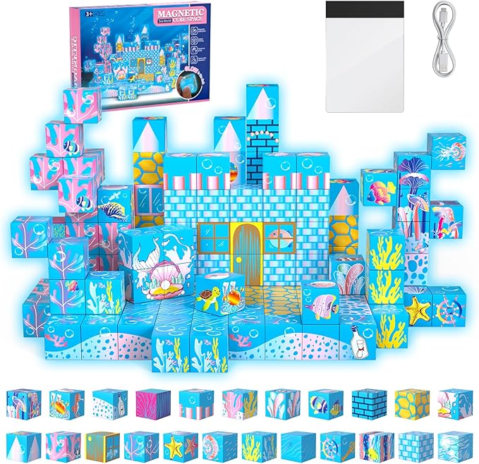 Magnetic Building Blocks-135 PCS Growing Ocean Magnet Cubes Tiles with USB Light Panel,STEM Sensory Construction Toys Set Christmas Birthday Gifts for Kids Boys Girls Toddlers Ages 3+,4-8,6-8