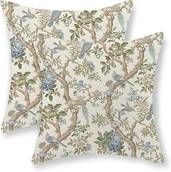 Blue Green Floral Bird Pillow Covers 20x20 Set of 2 Chinoiserie Throw Pillows Green Vintage Flowers Bird Decorative Pillow Cases Outdoor Chinoiserie Decor Farmhouse Cushion Case for Couch Sofa