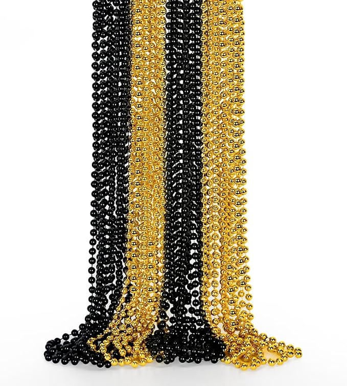 12PCS New Years Eve Bead Necklace, Black Gold Bead Costumes Necklace Party Supplies, 33" New Years Eve Necklaces Accessory Sets, Festival Parade Throw for Mardi Gras Celebrations Decorations