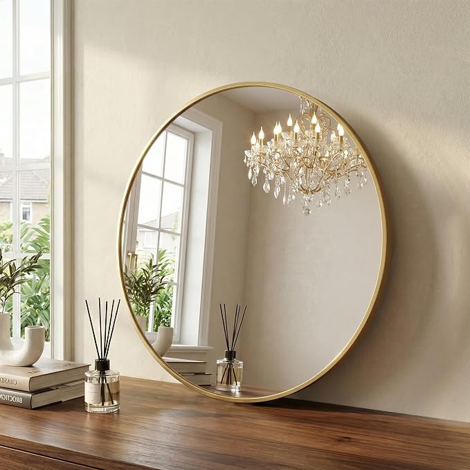 Sweetcrispy Round Bathroom Mirror for Over Sink, 36 Inch Wall Mounted Vanity Mirror with Matte Metal Frame, Decor for Bathroom, Entryway, Bedroom, Gold