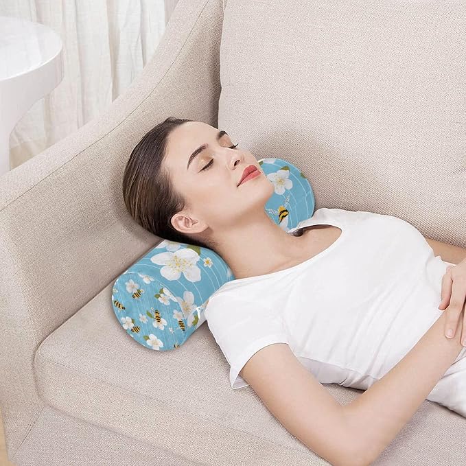 Blue Sakura and Bees Neck Roll Pillow Bolster Round Health Memory Foam Long Cervical Cylinder Pillows with Removable Washable Cover for Body Bed Legs Back Yoga