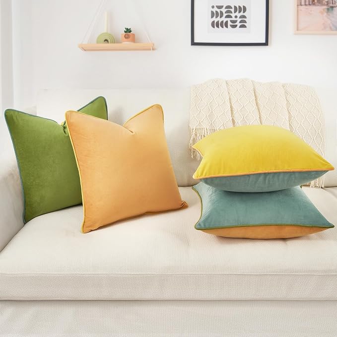 MONDAY MOOSE Decorative Throw Pillow Covers Cushion Cases, Set of 4 Soft Velvet Modern Double-Sided Designs, Mix and Match for Home Decor, Pillow Inserts Not Included (16x16 inch, Yellow/Green)