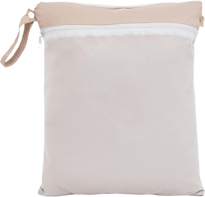 Ali+Oli Water Resistant Dual-Compartment Wet-Dry Bag for Travel, Hook to Stroller, Daycare, Diapers, Diaper Bag, Clutch Bag,15x12 inches (Taupe)