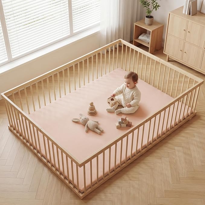 Huloo Sleep Baby Play Mat 65x50 Inches, 1.3" Thick Padded Waterproof Floor Cushion & Playpen Mat with Vegan Leather, Non-Slip & Non-Toxic Nursery Rug for Infants, Toddlers & Kids(Pink)