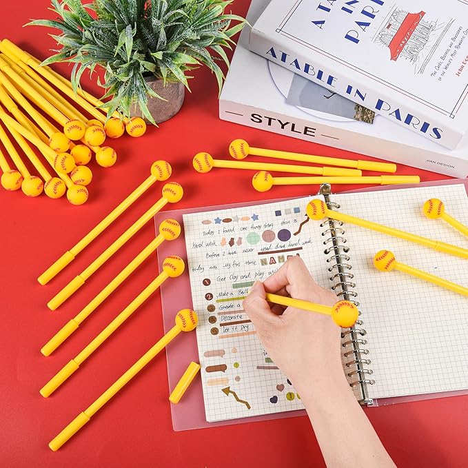LiYiQ 100 Pcs Softball Party Favor Cartoon Cute Fun Pens for Kids Kawaii Softball Shape Gel Black Ink Pen Cute Softball Pens for School Office Home Student Kids Present