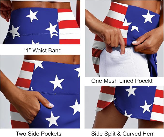 PINSPARK 18" Skorts for Woman Above Knee Length Golf Skirts 3 Pockets | High Waist, Built in Shorts, UV Protection, 4-Way Stretch, Soft, Dolphin Hem, Athletic, Tennis, Pickleabll, Casual