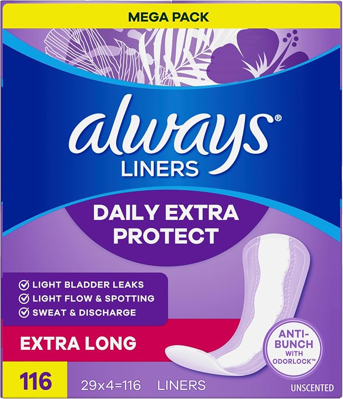 Always Panty Liners for Women Anti-Bunch Xtra Protection Daily Liners, Extra Long, Unscented, 116 Count