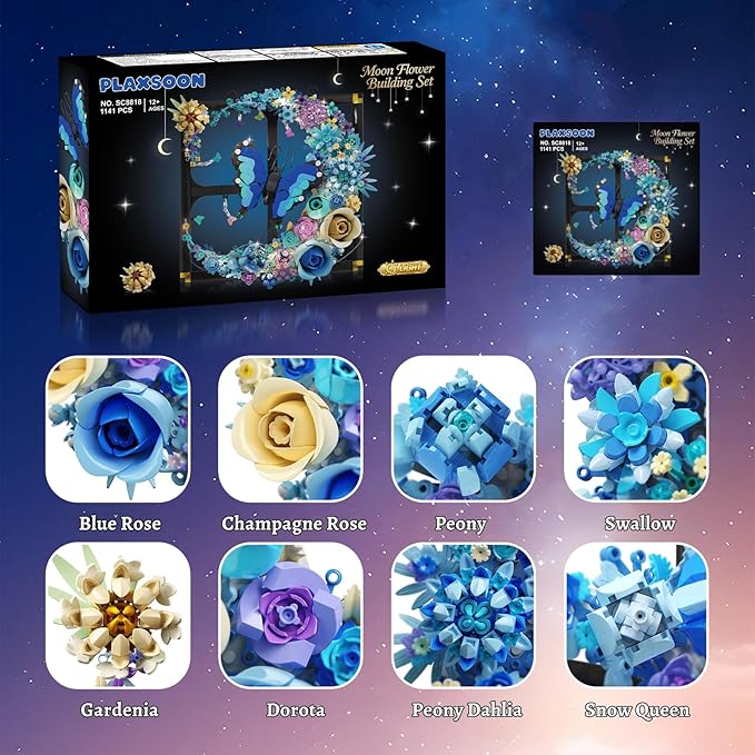Moon Flower Building Set with Lights, 1141 PCS Wall Botanical Flowers Building Block Kit with Butterfly, Floral Plant Collection Office Home Decor, Gift for Her Adults Women Boys Girls 12+