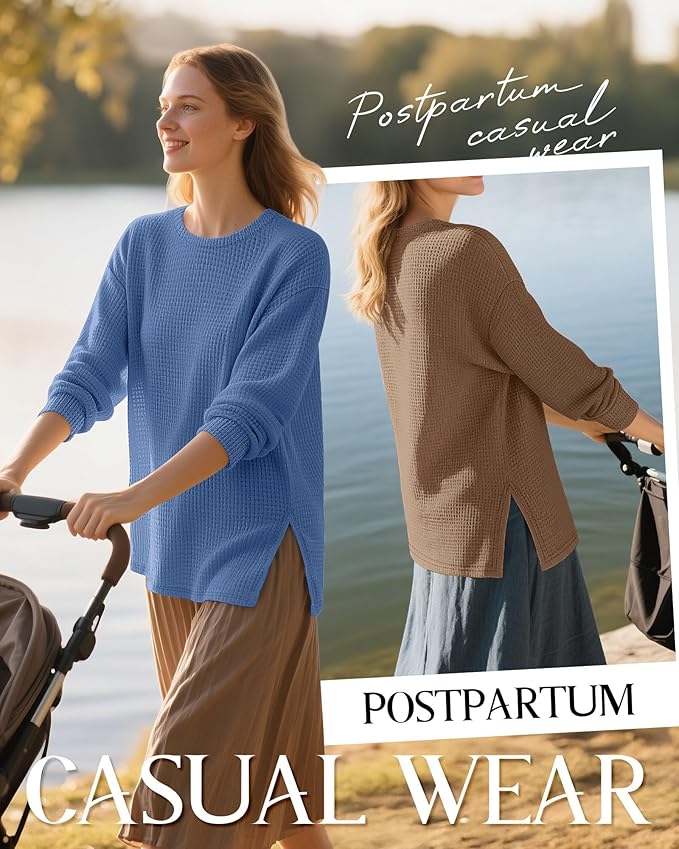 3 Pack Women's Maternity Shirts Long Sleeve Waffle Knit Side Split Oversized Tops Pregnancy Clothes Fall Tees