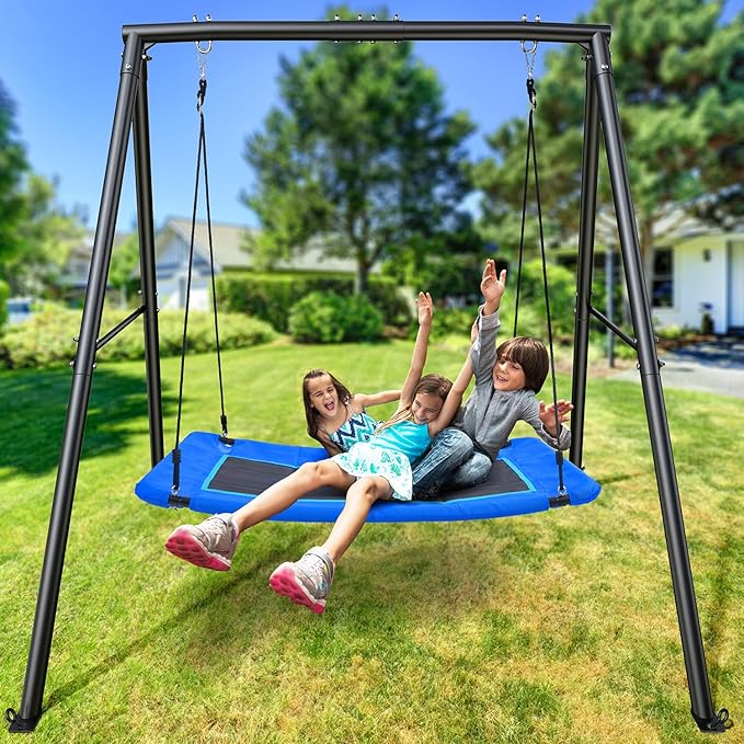Trekassy 60" Large Platform Saucer Swing with Frame for Kids Outdoor, 440lbs Swing Set with Heavy Duty Metal Swing Stand for Backyard, Outdoor Kids Play Equipment (Black Frame + Blue Swing)（Patented）