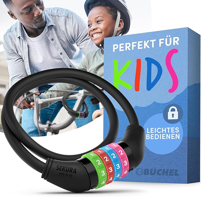 Büchel Bike Locks Cable for Kids - Colorful & Keyless - Secure Your Child's Bike - Easy-to-Use Bicycle Accessory, High Security 5 Digit Resettable Combination Coiling Bicycle Lock, Anti Theft