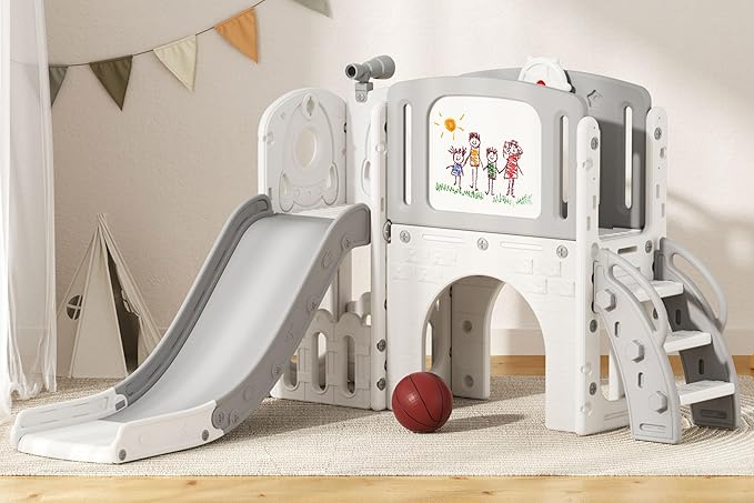 Glaf Toddler Slide 9 in 1 Outdoor Playset Playground Indoor Kids Baby Slides for Toddlers Age 1-3 with Climber Basketball Hoop Telescope Drawing Board and Storage Space for Backyard (Grey)