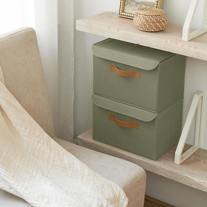 Decorative Linen Storage Boxes with Lids - Large Set of 2 Organizer Bins | The Perfect Container for Home Decor - Safely Store Photos, Documents and Memory Box Keepsakes in Style
