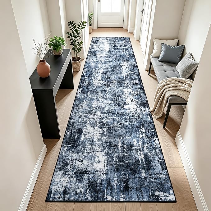 Rugflix 3x10 Runner Rug for Hallway, Washable Navy Blue Long Runners | Machine Washable; Stain-resistant; Low Pile; Non-slip; Modern Abstract; Black Carpet for Entrance Kitchen Hallway Home