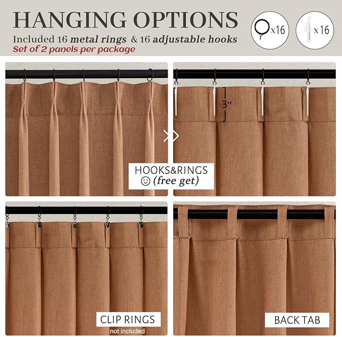 Terracotta Soft Thick Linen Curtains 120 Inches Long for Living Room, Farmhouse Burnt Orange Curtains Light Filtering for Bedroom/Dining Room Western Semi Sheer Pleat Memory Shape Drapes 2 Panels Set