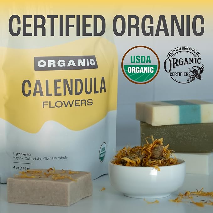 J Mac Botanicals, Organic Calendula Flower (16 ounce), whole dried flowers and petals, loose leaf tea, marigold flower, USDA Certified Organic. Great for loose leaf teas, cocktail bombs, salve