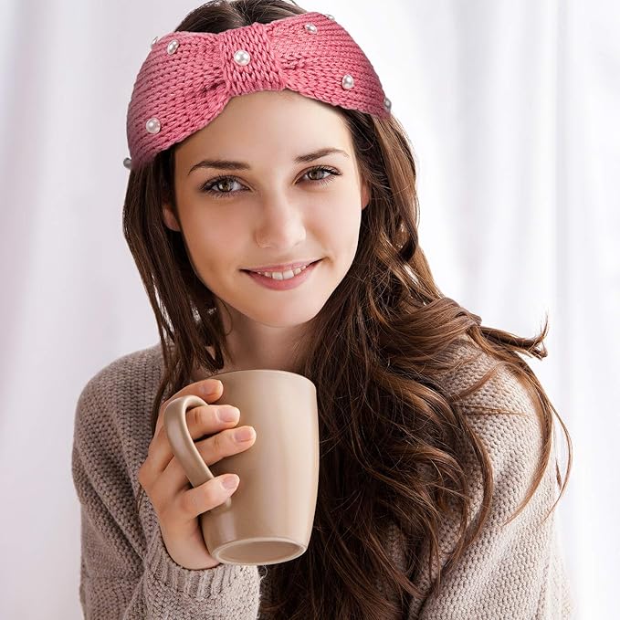 Whaline 5 Pieces Winter Knit Headbands Chunky Knit Headbands,4 Elastic Turban Head Wraps and 1 Pearl Crochet Hair Band, Ear Warmer Crochet Head Wraps for Women Girls (Pink Colors)