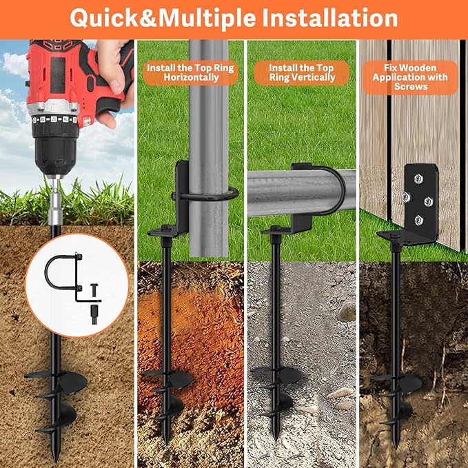 Eurmax USA 4 Pack Heavy Duty Ground Anchors, Rust-Proof L-Shaped Screw-in Spiral Ground Stakes for Trampoline, Shed, Swing Set & Carport,High Wind Resistant Metal Auger Anchors (Black)