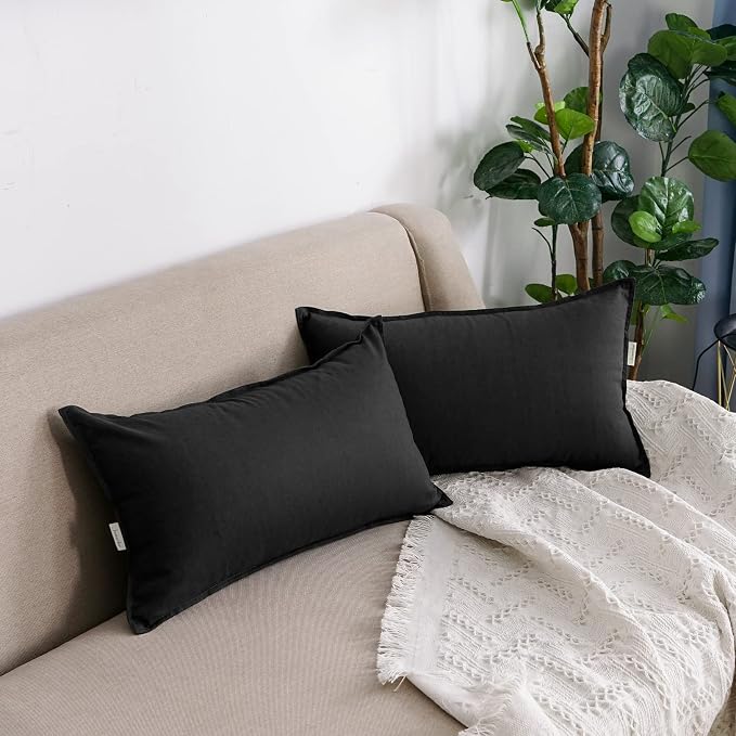 Jeanerlor Cotton Linen Decorative 12"x20" Lumbar Throw Pillow Case Cushion Cover with Twin Needles Stitch on Edge,for Wedding/Party/Gift/Car (30 x 50cm), Black