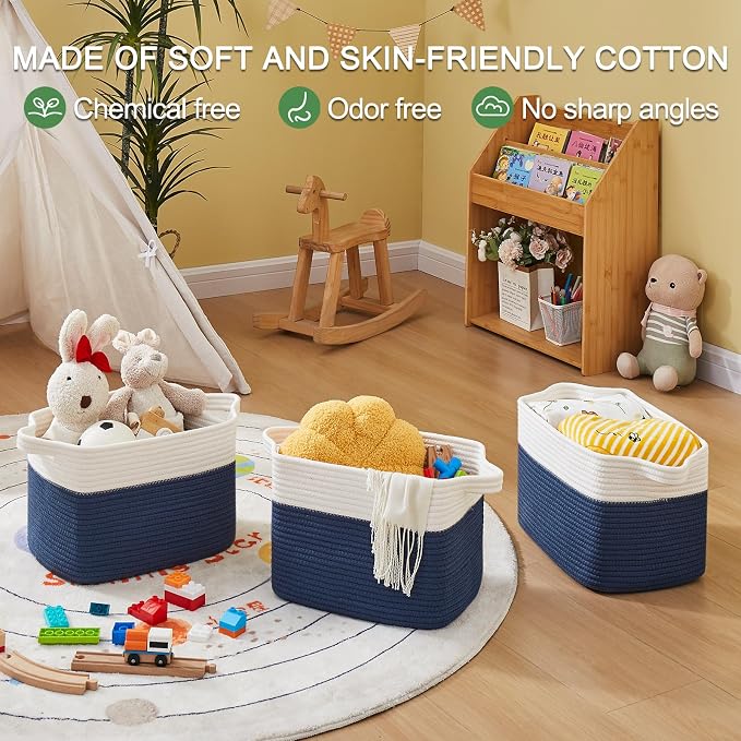 OIAHOMY Storage Basket, Woven Baskets for Storage, Cotton Rope Basket for toys,Towel Baskets for Bathroom - Pack of 3,White Blue