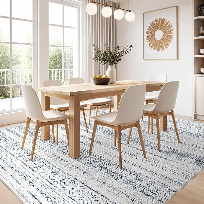 Nakagishi 6x9 Area Rugs Living Room: Washable Boho Large Neutral Soft Farmhouse Rug Stain Resistant Modern Indoor Floor Non-Slip Carpet for Bedroom Nursery Playroom Office Dining Room Dorm-White Blue