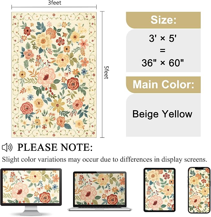 DUKINO 3x5 Area Rug, Floral Washable Rug for Bedroom Non Slip, Beige Yellow | Soft, Stain Resistant Low Pile Indoor Rug for Entryway, Bedroom, Bathroom, Living Room, Pet Friendly, Home Decor, Lightweight