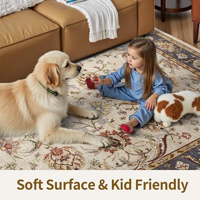 8x10 Ft Extra Large Washable Area Rugs for Living Room, Thin Floral Vintage Print Rug Non Slip Carpet for Bedroom Dining Room Kidsroom Home Decor (Beige Yellow)