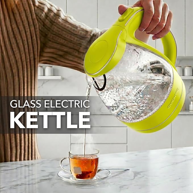 OVENTE Electric Kettle, 1.5L Borosilicate Glass Countertop Water Heater and Boiler for Coffee or Tea, BPA-Free, Auto Shut-Off, Boil-Dry Protection, Removable and Washable Spout Filter, Green KG83G