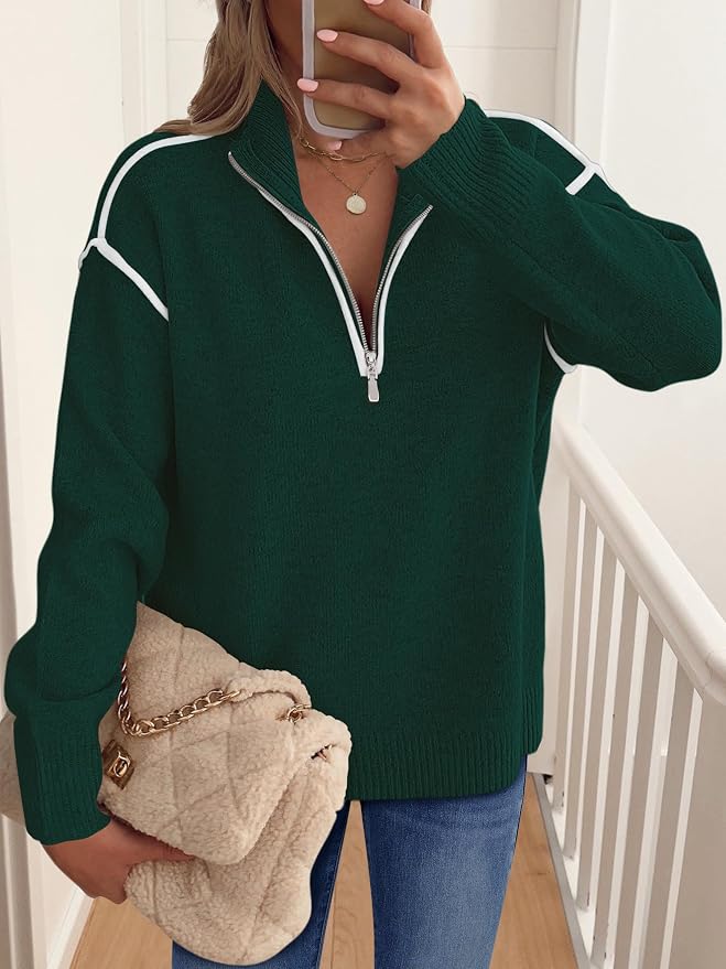 ANRABESS Womens Quarter Zip Sweaters Fall Long Sleeve V Neck Shirts Collared Business Casual Tops Knit Pullover Sweatshirts