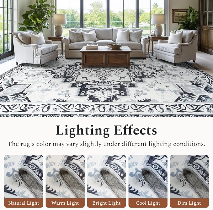 Rugflix 6x9 Area Rugs for Living Room, Washable Light Grey Large Rug | Machine Washable; Stain-Resistant; Low Pile; Non-Slip; Boho Vintage Printed; Carpet for Bedroom Dining Office Nursery Home