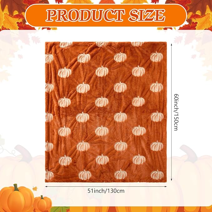 Tegeme Fall Halloween Pumpkin Throw Blanket 50" x 60", 3D Pumpkin Pattern Faux Rabbit Fur Fleece Blanket, Soft Cozy Rust Autumn Throw for Couch Sofa Bed, Thanksgiving Gift for Women Mom(Light Orange)
