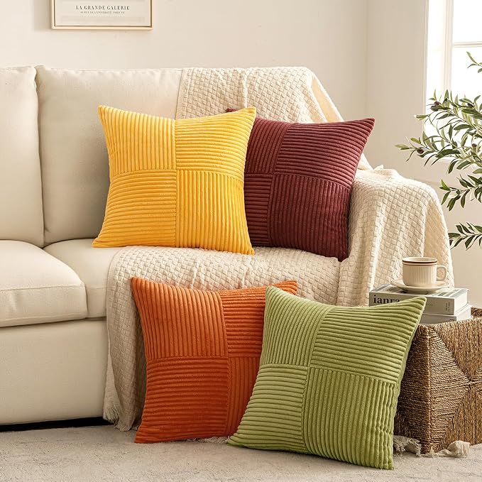 MIULEE Fall Yellow Orange Rust Throw Pillow Covers 20x20 Inch 4 Packs Boho Farmhouse Decorative Color-Clash Pillow Cases Soft Cushion Cases for Couch Sofa Bed Corduroy Striped Home Decor