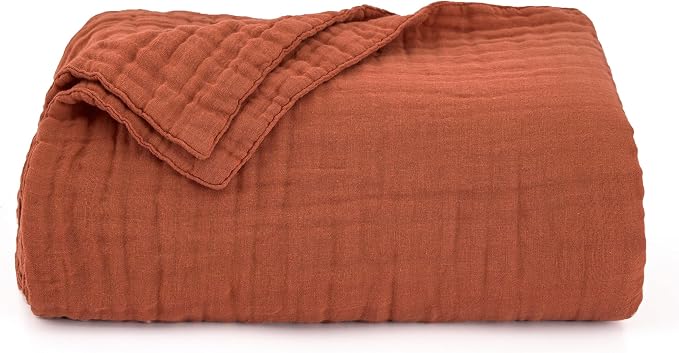 Love's cabin 100% Cotton Muslin Blanket, 6 Layer Lightweight Breathable Gauze Large Throw Blanket 50 x 70 Inches, Soft Cooling All Season Blanket for Couch or Sofa, Orange