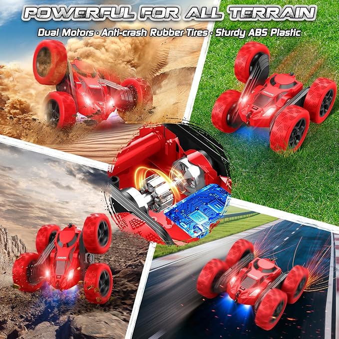 cosone Remote Control Car for Boys - Car Toy for Kids Age 6 7 8 9, 4WD 2.4Ghz Double Sided 360° Rotating RC Cars with Headlights, Christmas Birthday for Boys and Girls - Red