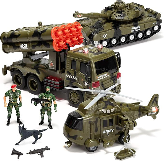 JOYIN 3 in 1 Friction Powered Siren Army Vehicle Toy with Action Figures - Military Truck, Helicopter and Tank Toy with Light and Sound Siren for Imaginative Play, Presents for Kids