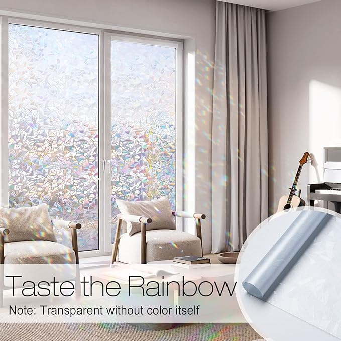 rabbitgoo Rainbow Window Privacy Film, Stained Glass Cling, 17.5" x 157.4" | Decorative Static Sticker, Non-Adhesive Reusable Window Tint, Heat Control UV Blocking Coverings for Home Doors, Living Room
