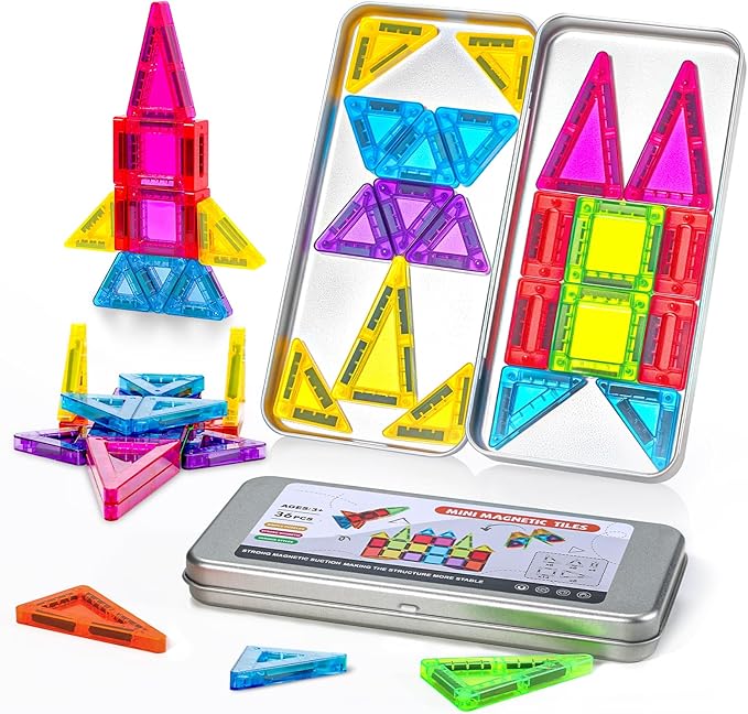 Mini Magnetic Tiles with Iron Box for Kids Ages 3-5,Travel Magnet Mini Building Blocks Plane Toys for Boys Girls Toddlers Preschool STEM Construction Christmas Birthday Gifts -36PCS