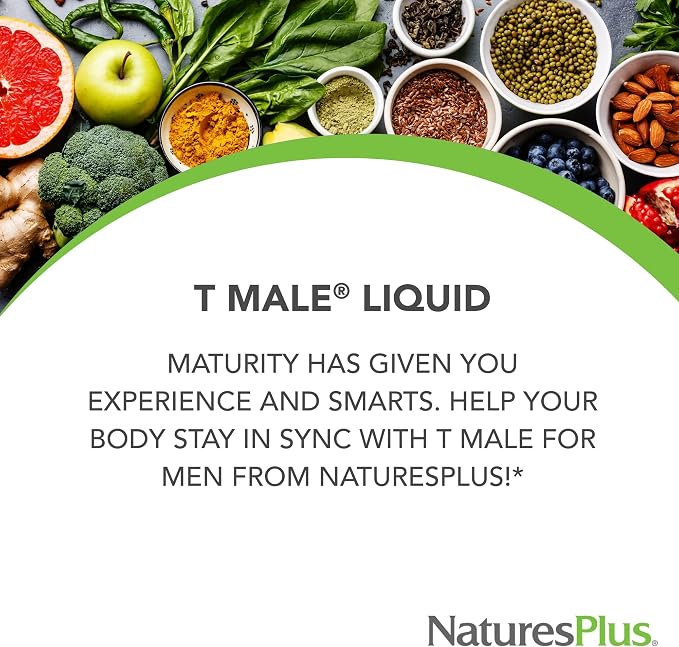 NaturesPlus T Male Liquid - 30 fl oz - Mixed Berry Flavor - Promotes Muscle Gain & Stamina - Vegetarian, Gluten Free - 30 Servings