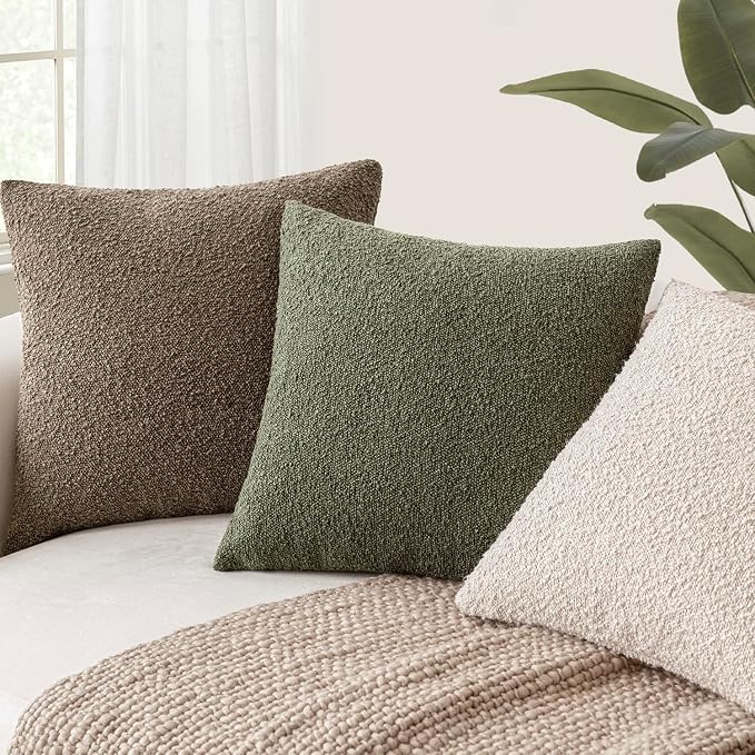 Foindtower Set of 2, Decorative Textured Boucle Throw Pillow Covers Accent Solid Pillow Cases Soft Cozy Couch Cushion Case for Chair Sofa Bedroom Living Room Home Decor 24x24 Inch Light Brown