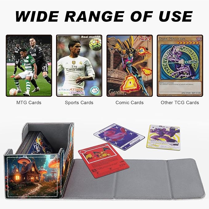 DEGDFSGR Card Game Storage Box for TCG MTG Commander Deck Box Organizer Trading Card Case Magnetic Closure Creative Pattern Up to 200 Cards, A Magical Mushroom Village