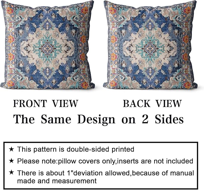 Snycler Boho Throw Pillow Covers 22x22 inch Set of 2 Boho Rug Carpet Double Sided Pattern Cotton Soft Pillow Case Cushion Cover Pillowcase for Couch Sofa Bed Decorative (Blue)