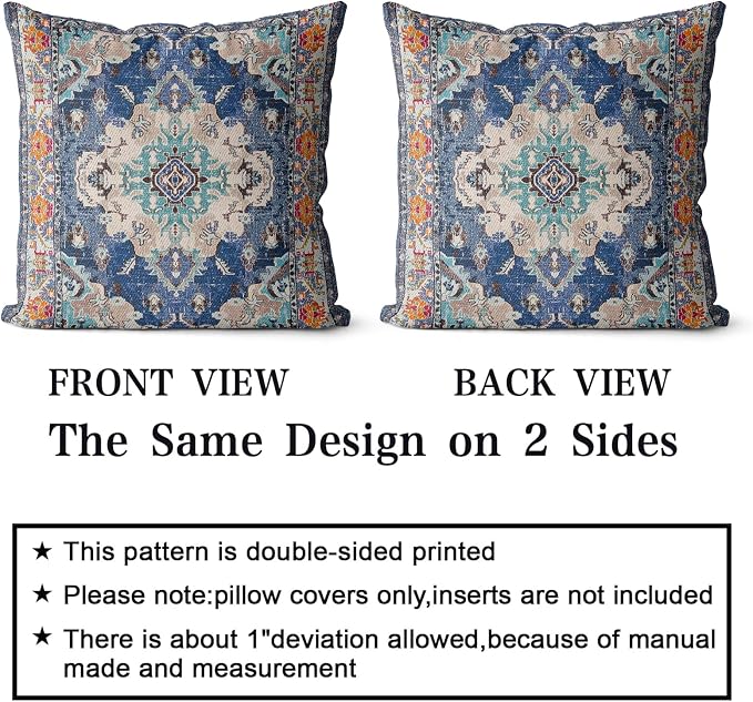 Snycler Boho Throw Pillow Covers 24x24 inch Set of 2 Boho Rug Carpet Double Sided Pattern Cotton Soft Pillow Case Cushion Cover Pillowcase for Couch Sofa Bed Decorative (Blue)
