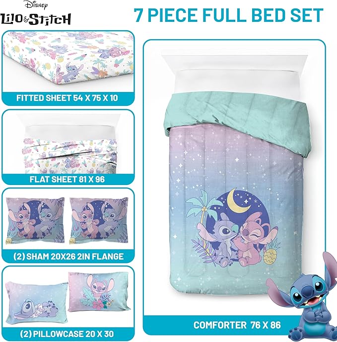 Jay Franco Disney Lilo and Stitch Full Size Comforter Set - 7 Piece Floral Bedding Includes Sheet Set & Pillow Covers Features Angel - Super Soft Purple & Teal Stars Kids Bedding