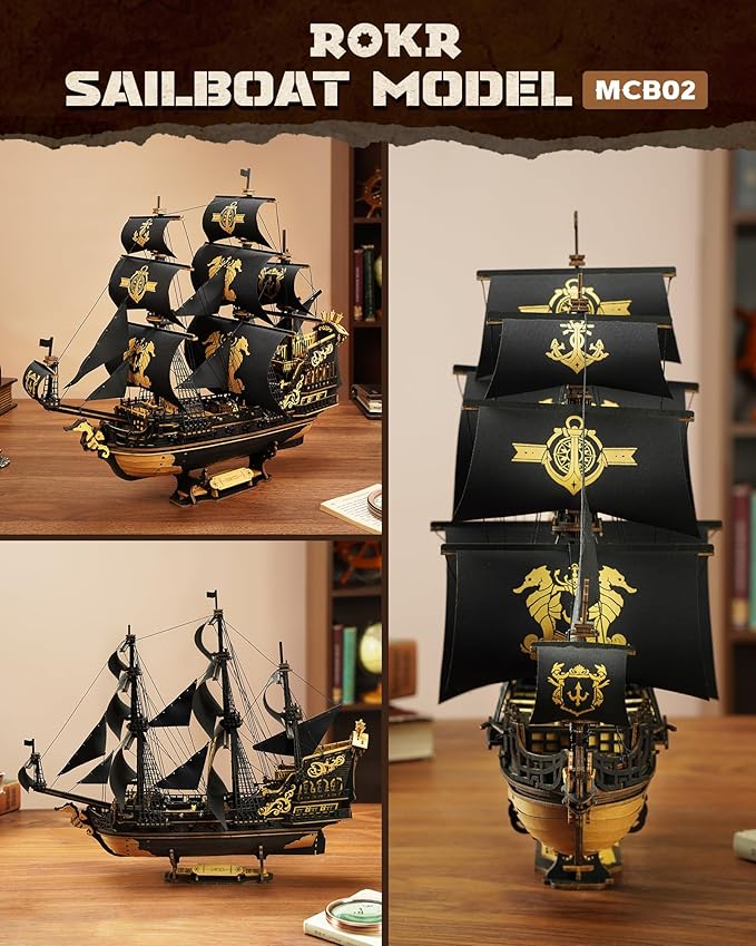 ROKR Seahorse Barque 3D Wooden Puzzle for Adult - Sailboat Model Kit, 603-Piece DIY Assembly, 1:100 Scale Sailboat MCB02